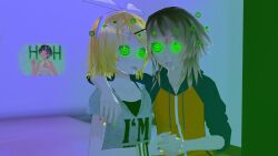 3d blonde_hair drool female_only femsub green_eyes helenakaalover original pink_hair rin_kagamine short_hair spiral_eyes symbol_in_eyes tongue tongue_out vocaloid watermark