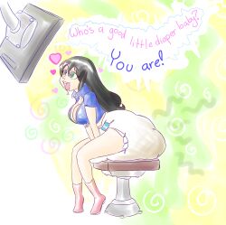  absurdres age_regression black_hair breasts diaper drool female_only femsub green_eyes happy_trance heart hypnotic_screen large_breasts long_hair nico_robin one_piece open_mouth rfswitched scat smell smile solo spiral_eyes symbol symbol_in_eyes text tongue 