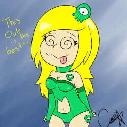 alien amy_(soropin) blonde_hair brain_slug breasts choker cleavage dazed female_only futurama gloves happy_trance large_breasts long_hair navel opera_gloves original parasite shyker simple_background solo spiral_eyes symbol_in_eyes tattoo text tongue tongue_out