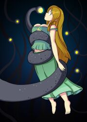 bare_shoulders barefoot blonde_hair bondage breasts coils dazed dress feet femsub hypnotic_tentacle large_breasts long_hair lucetta_tamora open_mouth original p.chronos simple_background skirt tentacles very_long_hair yellow_eyes