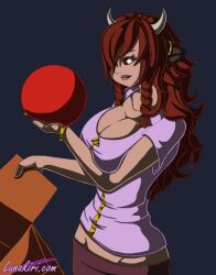  allison_(argonis) animated animated_gif brain_injection breasts breasts_outside brown_eyes cleavage cow_girl dark_skin female_only horns large_breasts long_hair lunakiri office_lady open_clothes original red_hair slime 