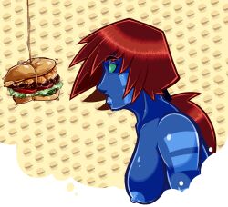 alien alien_girl blue_skin bottomless breasts discolored_nipples drool femsub green_sclera hypnotic_food kassidy_(medrifogmatio) lizard_girl medrifogmatio nude open_mouth original ponytail red_hair solo topless