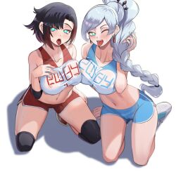  black_hair braid breasts earrings female_only femsub girlinworld(manipper) glowing glowing_eyes grey_hair hair_ornament heart_eyes kneeling long_hair looking_at_viewer manip midriff multiple_girls multiple_subs navel nico-mo one_eye_open ponytail pussy_juice ruby_rose rwby see-through short_hair shorts simple_background sneakers sports_bra sportswear sweat symbol_in_eyes symmetrical_docking tongue tongue_out uniform weiss_schnee white_background 