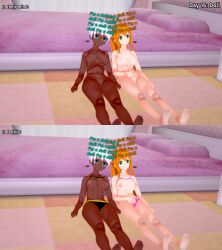 3d amber_(liz_b) bed cyan_eyes dark_skin doll doll_joints empty_eyes english_text female_only femsub freckles green_eyes hailey_(liz_b) happy_trance hypnovember koikatsu! limp liz_b orange_hair original text topless white_hair