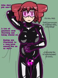  arms_behind_back aware bed bodysuit breasts bulge chubby collarbone drill_hair drone eyebrows_visible_through_hair female_only femsub glowing green_background happy_trance latex long_hair lying null_bulge original posing red_hair seductive_smile self_hypnosis simple_background solo spiral tech_control teto_kasane text tight_clothing trance_delightful utau visor wholesome yuri 
