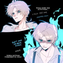 absurdres ahoge aura aware black_background blue_eyes blush clothed dialogue dreamycakesss earrings english_text eye_color_change flame glowing_eyes grey_hair jewelry koren_(dreamycakesss) looking_at_viewer male_only maledom malesub original shirt short_hair simple_background sole_(dreamycakesss) text