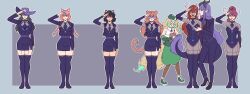  aria_(the_goddess_sonia) belt black_hair blonde_hair bodysuit cat_girl character_request choker corporatification dress drool earrings ef-nsfw elf_ears expressionless eye_roll female_only femsub freckles green_eyes green_hair grey_background hairpin happy_trance hat heavy_eyelids high_heels horns hypnotic_touch jacket jewelry kanani_(mamaclockie) large_breasts lipstick long_hair mina_morgan_(somebodyiusedtohypno) mitsuko_(goddessmitsuko) monkey_girl multiple_girls multiple_methods_of_hypnosis multiple_subs office_lady orange_hair original pants pink_hair ponytail purple_eyes purple_hair red_hair saluting shoes short_skirt side_slits skirt smile standing standing_at_attention suit sweater tail tan_skin thigh_heels thighhighs tie tight_clothing twin_braids vala_(anno) viltai_(viltai) visor witch_hat 