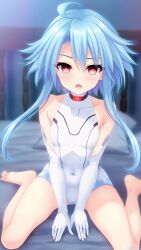  ahoge bangs bare_legs bare_shoulders barefoot bed blue_hair cameltoe collar empty_eyes female_only femsub flat_chest gloves hyperdimension_neptunia irori leotard looking_at_viewer open_mouth opera_gloves red_eyes short_hair sitting solo sweat symbol_in_eyes tech_control white_heart 