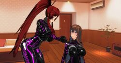  3d blue_eyes bodysuit breasts brown_hair collar custom_maid_3d_2 cyber-sexaroid_(dndniwana3s) empty_eyes female_only femdom femsub happy_trance hidoi_koto_suru_man huge_breasts hypnotic_accessory hypnotized_hypnotist kneeling large_breasts latex long_hair multiple_girls multiple_subs open_mouth pink_eyes ponytail red_hair rubber smile tech_control 