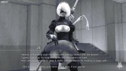 3d absurdres black_skirt blindfold boots breasts breasts_outside caption caption_only clothed_exposure consensual dress female_only femsub gloves high_heels manip nier nier_automata nipples ridley_(artist) short_hair skirt skirt_lift small_breasts source_filmmaker sword text thigh_boots thighhighs white_hair yorha_no._2_type_b
