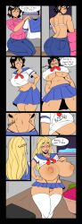  ass ass_expansion bimbofication bimbophi black_hair blonde_hair breast_expansion breasts comic da_janitor_(manipper) female_only hair_growth huge_breasts large_breasts large_hips lip_expansion pussy school_uniform text transformation 