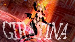 3d alternate_costume alternate_form androgynous_dom bare_legs black_sclera blonde_hair body_markings cleavage clothed corruption crotch_tattoo cynthia english_text evil_smile femsub floating giratina gloves glowing hair_covering_one_eye hair_ornament happy_trance large_breasts legs levitation light_skin long_hair magic midriff navel nintendo opera_gloves pervyvicky pokemon pokemon_diamond_pearl_and_platinum possession red_eyes smile tattoo text thighs wings 
