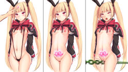 ahegao arm_warmers blazblue blonde_hair bottomless breasts censored clothed_exposure crotch_tattoo daiaru empty_eyes femsub finger_to_forehead maledom navel nude rachel_alucard red_eyes sling_bikini small_breasts tattoo topless twintails