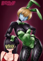 absurdres alternate_costume aura black_hair bodysuit bow_tie bra breasts brown_hair bunny_ears bunny_girl bunnysuit bzurrrf cameltoe chie_satonaka clothed cuffs fake_animal_ears female_only femdom femsub fishnets hand_on_head hand_on_hip hypnotized_hypnotist hypnovember latex leotard long_hair mask multiple_girls multiple_subs persona_(series) persona_4 possession shadow_(persona) shadow_bunny short_hair simple_background straight-cut_bangs tech_control visor yukiko_amagi