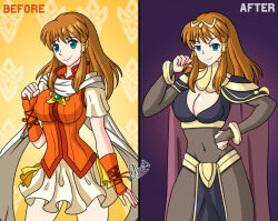 alerith alternate_costume before_and_after blue_eyes bodysuit breasts brown_hair cape cleavage cleavage_cutout corruption empty_eyes evil_smile female_only femsub fire_emblem fire_emblem_awakening fire_emblem_path_of_radiance happy_trance large_breasts long_hair looking_at_viewer mist_(fire_emblem) navel smile