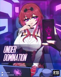  cleavage comic cover honkai_star_rail kafka_(honkai_star_rail) large_breasts nsfwgenno phone red_hair silver_wolf_(honkai_star_rail) 