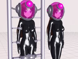  3d 3d_custom_girl bangs bodysuit breasts brown_hair cables catsuit clone corruption empty_eyes erect_nipples expressionless female_only femsub helmet latex long_hair multiple_girls multiple_subs original pink_eyes restrained rubber saihate_no_majo see-through standing tech_control tight_clothing 