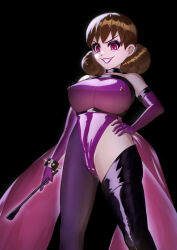  alternate_costume artist_request bare_shoulders bracelet brown_hair capcom corruption erect_nipples_under_clothes evil_smile female_only leotard lipstick looking_at_viewer makeup megaman_(series) megaman_battle_network ms.mari opera_gloves pale_skin pantyhose purple_eyes short_hair simple_background smile solo thigh_boots whip yamimochi 