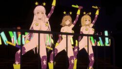 3d animated animated_gif armpit_hair armpits blonde_hair blush boots bouncing_breasts brown_hair chiaki_nanami choker clothed_exposure dancer dancing dangan_ronpa empty_eyes erect_nipples erect_nipples_under_clothes exposed_chest eye_roll female_only femsub gloves headdress huge_breasts kaede_akamatsu koikatsu! kyoko_kirigiri long_hair mikumo multiple_girls multiple_subs navel open_mouth opera_gloves pasties purple_eyes purple_hair short_hair star_pasties straight-cut_bangs thighhighs very_long_hair