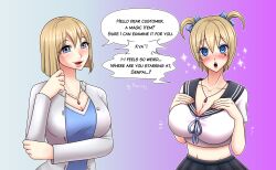  absurdres altered_common_sense before_and_after blonde_hair blush bow breasts dialogue femsub heart heart_eyes large_breasts milf mole necklace original porniky school_uniform short_hair skirt symbol_in_eyes text transformation twintails 