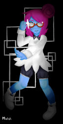  black_background blue_skin blush female_only femdom glasses hair_buns hypnotic_eyes looking_at_viewer mielkari nastasia nintendo paper_mario pink_hair pov pov_sub shoes short_hair shorts simple_background solo sparkle super_mario_bros. super_paper_mario t-shirt whitewash_eyes 