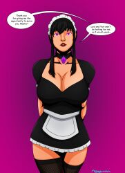  absurdres arms_behind_back black_hair breasts cleavage clothed collar collarbone dialogue female_only femsub fishnets glowing glowing_eyes huge_breasts hypnotic_accessory large_breasts maid maid_headdress maledom megaguardain open_mouth purple_eyes short_hair signature simple_background skirt speech_bubble spy_x_family standing tagme text thighhighs yor_briar 