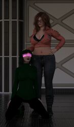3d bbw breasts fat female_only femdom femsub glasses green_hair happy_trance kathy_(theheckle) kneeling large_breasts original peg_(theheckle) spiral_eyes symbol_in_eyes tech_control theheckle visor