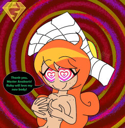 ahoge anakaris breast_fondling breasts capcom crossover darkstalkers dialogue egyptian english_text femsub happy_trance heart_eyes hypnoscream large_breasts long_hair maledom mummy orange_hair penny_polendina rwby smile speech_bubble spiral_background story symbol_in_eyes text topless 