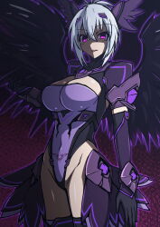 aoi_tabane corruption crotch_tattoo evil_smile genderswap gloves hair_ornament kampfer kouyoku_senki_exs-tia leotard magical_girl natsuru_senou purple_eyes white_hair wings