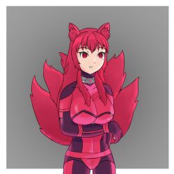 anno_(anno) bodysuit breasts cleavage collar empty_eyes expressionless female_only femsub fox_ears fox_girl fox_tail glowing glowing_eyes hypnotic_accessory large_breasts latex long_hair open_mouth original red_eyes red_hair tech_control zi-tech_(zires) zires