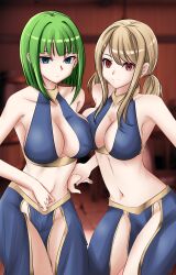  absurdres bangs blonde_hair blue_eyes brandish_q_(fairy_tail) breasts cleavage collarbone doggos_doujins empty_eyes expressionless fairy_tail femsub green_hair harem_outfit large_breasts leaning_forward long_hair lucy_heartfilia multiple_girls multiple_subs navel red_eyes short_hair smile standing straight-cut_bangs twintails 