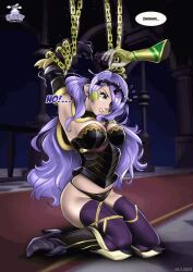  angry animated armor armpits arms_above_head blue_eyes bubble camilla_(fire_emblem_fates) chains clothed dazed dialogue drool empty_eyes expressionless femsub fire_emblem fire_emblem_fates gauntlets gloves hair_covering_one_eye high_heels kneeling large_breasts nintendo open_mouth opera_gloves panties pendulum phantom_hand purple_hair resisting restrained signature sleepycomics speech_bubble spiral text thighhighs underwear very_long_hair video 