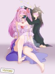 ahoge animal_ears barefoot bow breasts brown_hair coat dazed dress feet femdom femsub gloves gojulas happy_trance hypnotized_dom hypnotized_hypnotist jeans kaede_(skecchyartist) large_breasts long_hair magical_girl mina_(gojulas) open_mouth orange_eyes original pink_hair sitting spiral_eyes text twintails very_long_hair visor wolf_girl