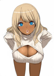  blonde_hair breasts cleavage cleavage_cutout dark_skin female_only femsub ganguro hanging_breasts large_breasts leaning_forward long_hair manip open-chest_sweater original spiral_eyes symbol_in_eyes tiechonortheal_(manipper) 