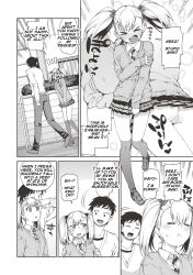 absurdres akitsuki_itsuki blonde_hair blush brother_and_sister comic femsub greyscale hard_translated incest maledom open_mouth original ribbon school_uniform text translated twintails