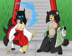  black_hair blue_eyes bottle brown_hair femsub fox_girl furry glowing glowing_eyes happy_trance hypnotic_food kitsune_girl malesub mr.h multiple_subs non-human_feet open_clothes original paws possession sandals shrine_maiden smile tail tail_growth transformation weight_gain yellow_eyes 