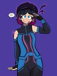  armpits blue_background blue_eyes blue_hair blush crystal dazedafterhours earrings female_only femsub fingerless_gloves happy_trance hat hypnotic_accessory layla_(swirlylayla) maledom original purple_hair saluting short_hair simple_background slime smile standing standing_at_attention super_hero text tongue 
