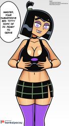  bankaipacay bare_shoulders black_hair cleavage clothed collarbone crop_top danny_phantom_(series) dialogue erect_nipples eyeshadow female_only femsub goth happy_trance holding_breasts huge_breasts humor lipstick looking_at_viewer makeup maledom miniskirt navel pov_dom purple_eyes purple_lipstick sam_manson short_hair short_skirt simple_background skirt smile solo speech_bubble spiral_eyes standing symbol_in_eyes tank_top text thighhighs tomboy unaware watermark white_background wide_hips 