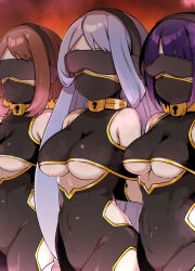 bare_shoulders blue_hair brown_hair cleavage_cutout collar female_only femsub gag kusayarou kyoka_jiro long_hair mask multiple_girls multiple_subs my_hero_academia nejire_hado ochaco_uraraka open_clothes purple_hair short_hair underboob visor