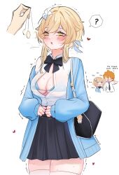 blonde_hair blush bow bow_tie bra breasts button_gap coin confused drool empty_eyes femsub flower flower_in_hair genshin_impact heart lumine_(genshin_impact) maledom open_mouth orange_hair panting pendulum pussy_juice school_uniform see-through short_hair simple_background skirt spiral_eyes sweat sweater tartaglia_(genshin_impact) trembling undressing unosaki white_background yellow_eyes