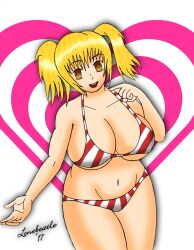 bikini bimbofication blonde_hair breasts clothed_exposure empty_eyes female_only femsub happy_trance heart large_breasts lonebeatle micro_bikini open_mouth smile solo twintails