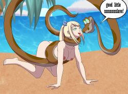  absurdres all_fours barefoot blonde_hair bottomless breasts coils disney fairy_tail femsub happy_trance hypnotic_eyes kaa kaa_eyes katsiika lucy_heartfilia maledom nipples open_mouth snake text the_jungle_book topless 