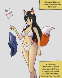  bangs black_hair bra breasts brown_eyes cleavage collarbone female_only femsub fox_girl happy_trance long_hair mako_(link-hayashi) multiple_tails mythkaz navel panties simple_background skirt standing tail text underwear undressing white_background white_panties 