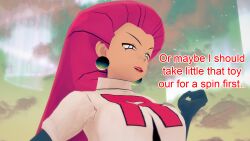aware blue_eyes dialogue english_text female_only jessie midriff mustardsauce outdoors pokemon pokemon_(anime) red_hair solo team_rocket text