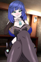 arm_warmers before_and_after blue_hair blush breasts cleavage dress evil_smile female_only femsub genshin_impact green_eyes huge_breasts jewelry kei necklace smile solo thighhighs yelan_(genshin_impact)