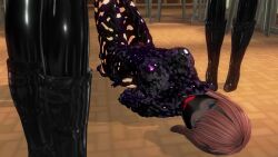 3d arms_behind_back blue_eyes bodysuit boots breasts brown_hair classroom corruption custom_maid_3d_2 empty_eyes face_mask female_only femsub latex li_q mask multiple_doms multiple_girls multiple_subs on_back original pad_lock pasties rubber short_hair slime symbiote