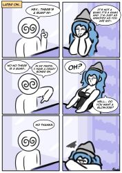  blue_hair brain_dead_retail_(series) brain_drain comic hat humor kilroylucy18 naked_apron nessi_(kilroylucy18) offering_fellatio original tagme text 