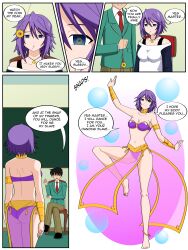 absurdres barefoot breasts coin comic dancer dancing dazed dialogue empty_eyes expressionless femsub happy_trance harem_outfit jimryu large_breasts maledom mizore_shirayuki pendulum purple_hair rosario+vampire see-through short_hair text tsukune_aono