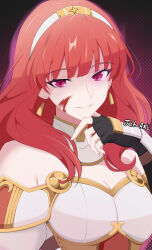  aura bare_shoulders blood breasts celica_(fire_emblem) cleavage clothed duma_(fire_emblem) earrings femsub fire_emblem fire_emblem_echoes fire_emblem_heroes jetaxl_tanuki jewelry large_breasts long_hair maledom nintendo orange_hair possession purple_eyes smile 