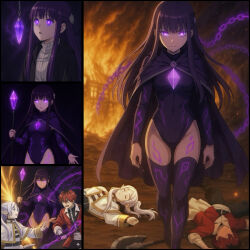 ai_art cape corruption crystal death fern_(frieren:_beyond_journey&#039;s_end) frieren frieren:_beyond_journey&#039;s_end glowing_eyes johntrent05_(generator) leggings leotard magic pendulum stark_(frieren:_beyond_journey&#039;s_end)